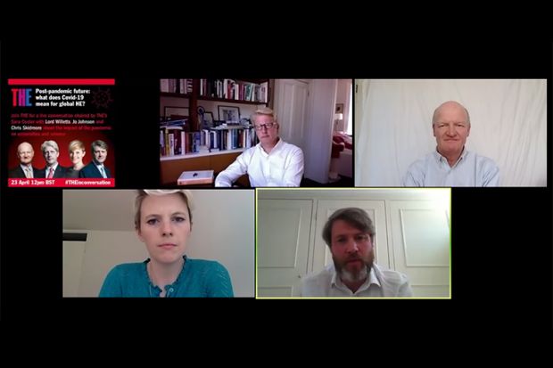 Jo Johnson, Lord Willetts and Chris Skidmore with Sara Custer. Zoom webinar 23rd April 2020.