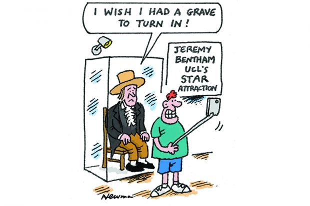 Cartoon of Jeremy Bentham’s preserved skeleton at UCL saying: ‘I wish I had a grave to turn in’