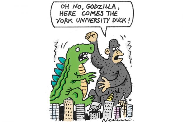 Cartoon about comparing Godzilla to tall duck at University of York