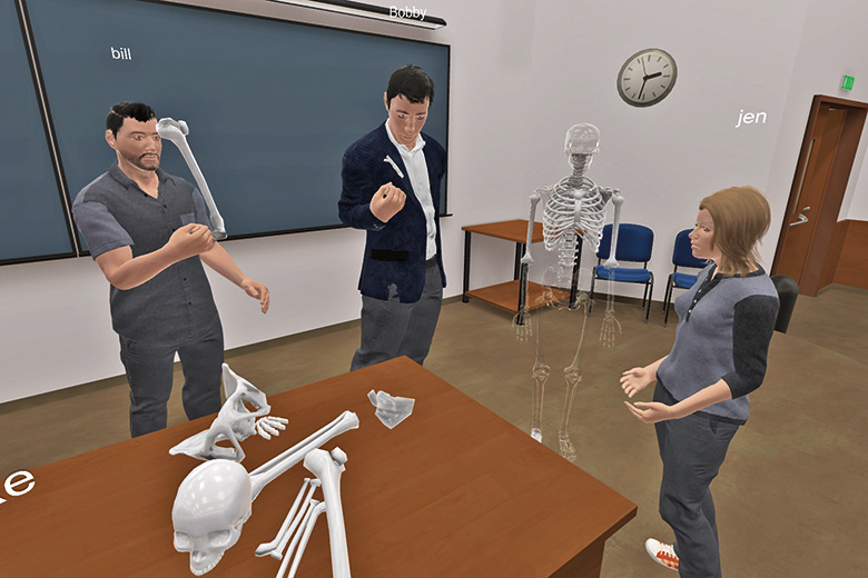 VR image of students inspecting a skeleton